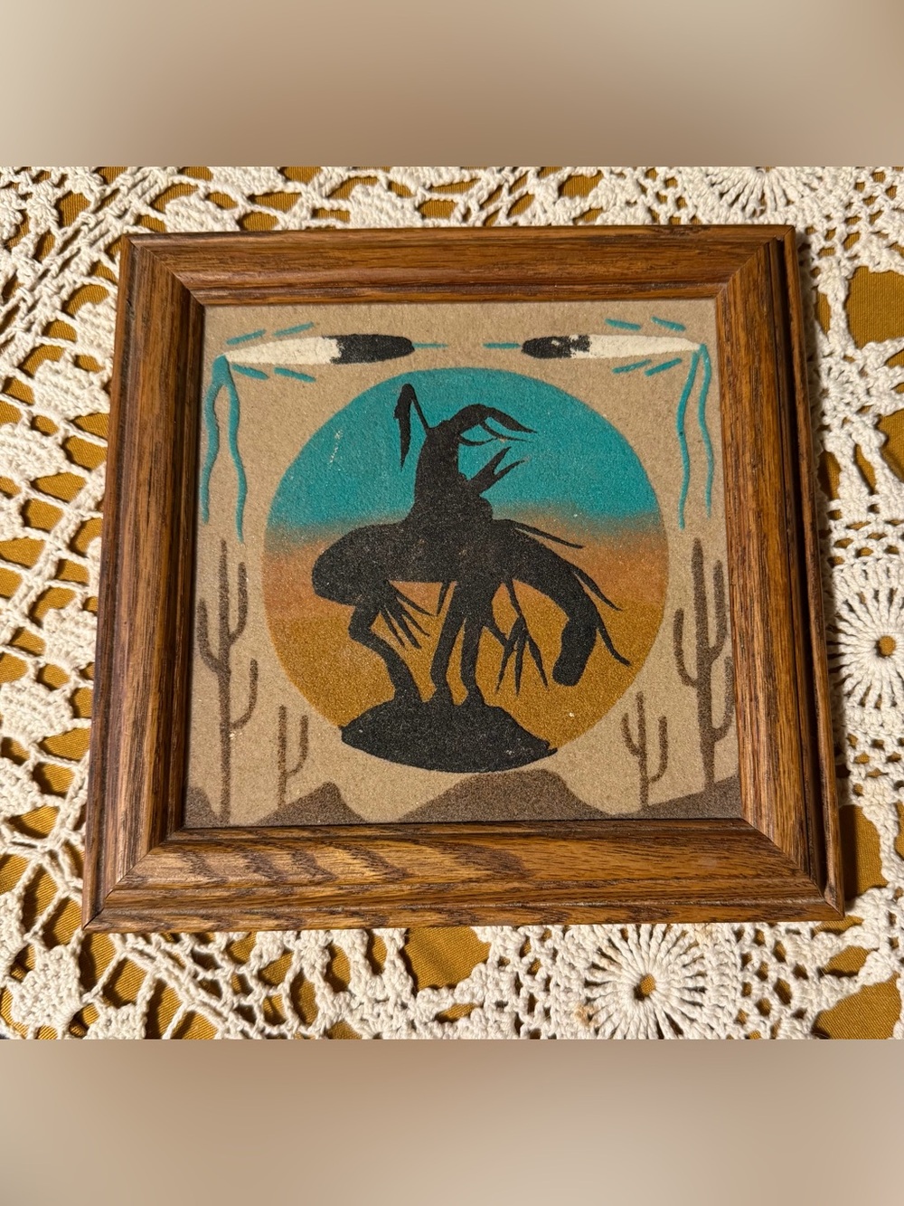 VTG Signed Navajo Sand Painting End of the Trail Joe Benally Framed 7.5"